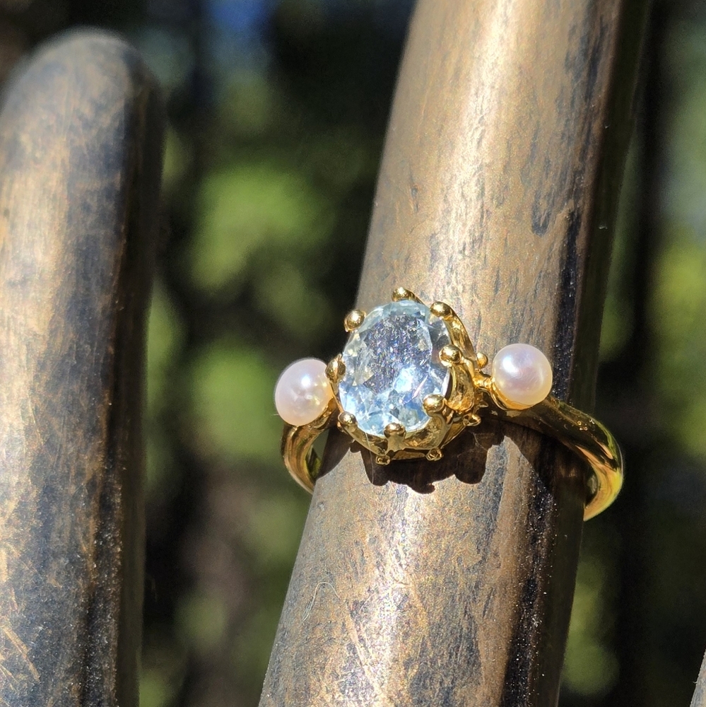 Blue Topaz 3.5k Sterling Gold & Pearl Ring Sz6.5 - Picture 5 of 9